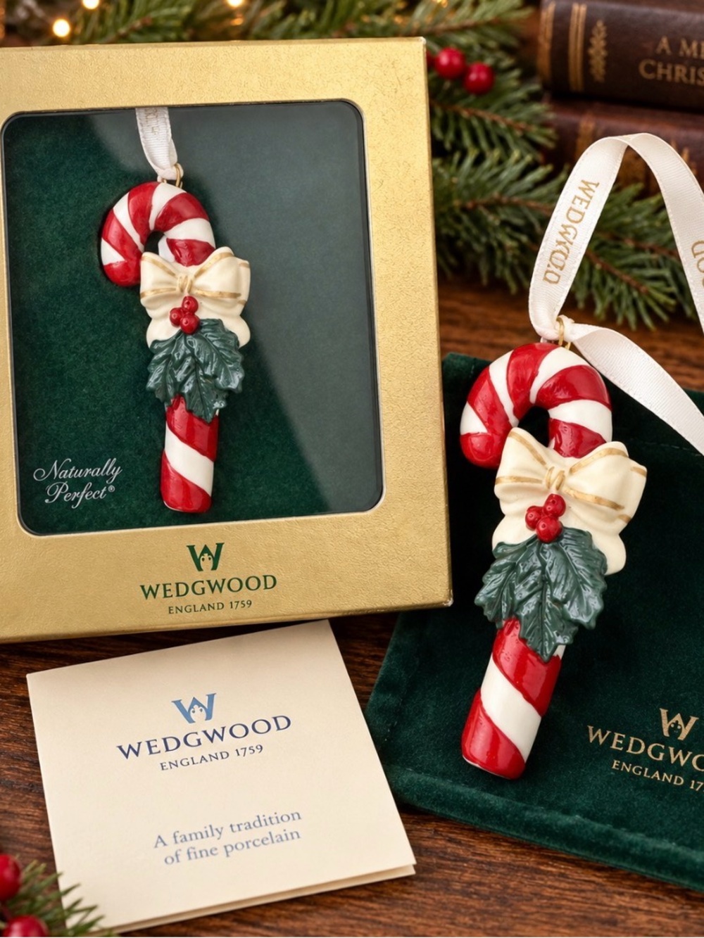 Wedgwood Red, White & Cream Candy Cane Ornament with Holly
